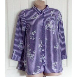 Catherines Women's Blouse Size 0X 14/16W Purple & White Bamboo Print Long Sleeve